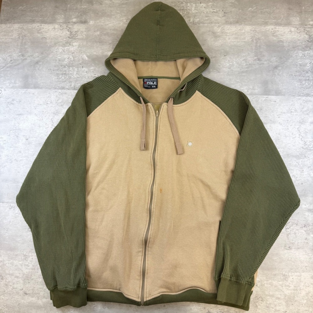 Southpole Mens XXL Full Zip Hoodie Waffle Knit Raglan Sleeve Tan Green Y2K